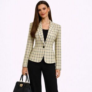 Pendleton Silk Cotton Textured Woven Plaid Blazer Yellow Black Sz 14P🧡